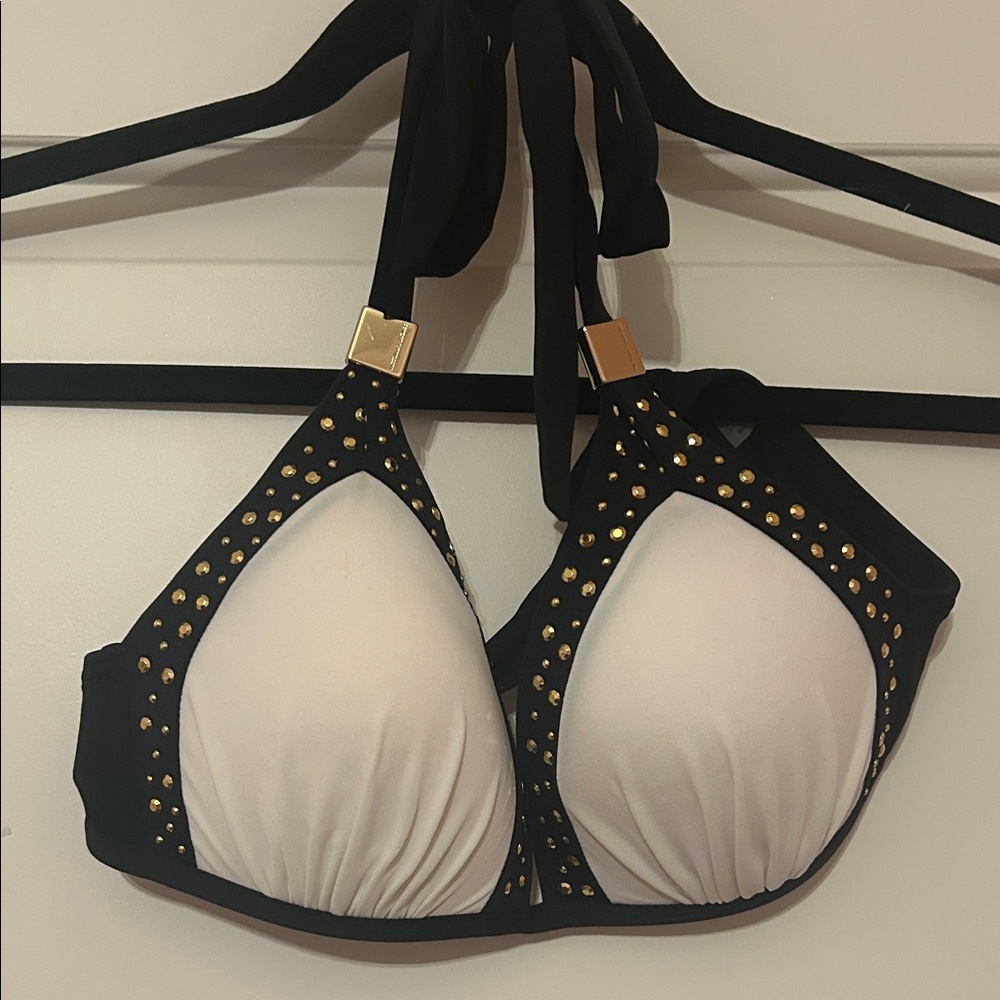 Victorias Secret Elegant Black and Cream Studded Halter Bikini Top